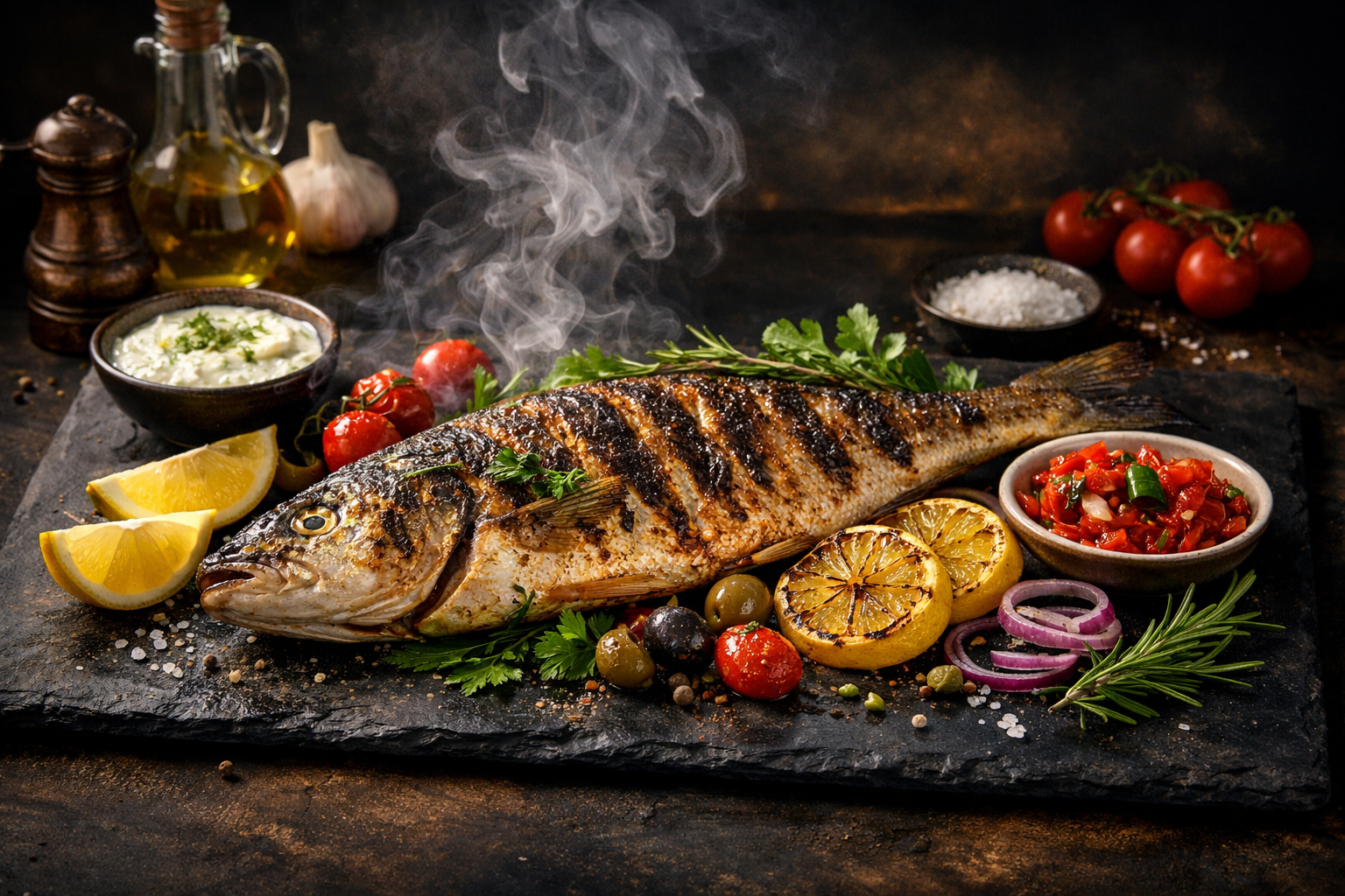 Taze pişirilmiş Türk usulü balık tabağı