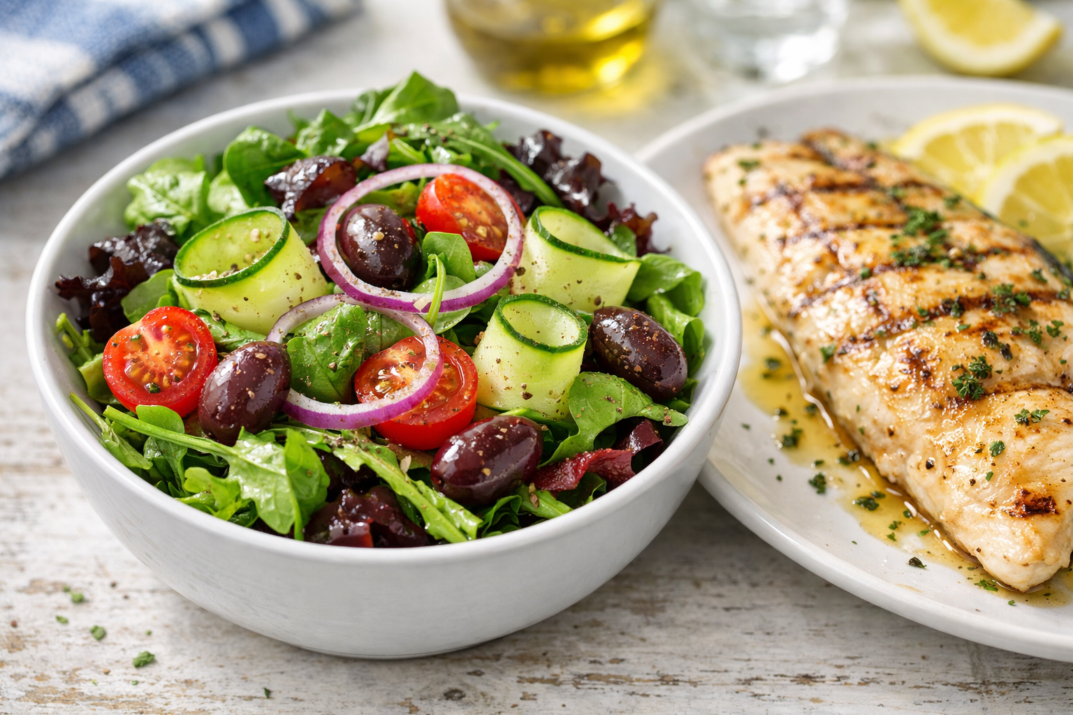 Balık tabağına eşlik eden taze mevsim salatası ve garnitürler